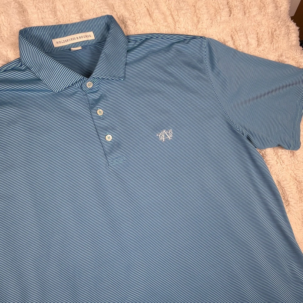 Holderness & Bourne Mens XL Tailored Fit Polo Shirt Blue Striped Golf Shirt